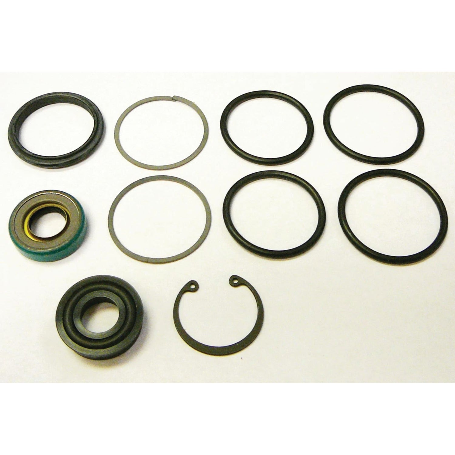 Various types of seals, rings, and gaskets are displayed in a grid arrangement on a white background, showcasing the precision parts included in the Sparex S.60666 Steering Cylinder Repair Kit.