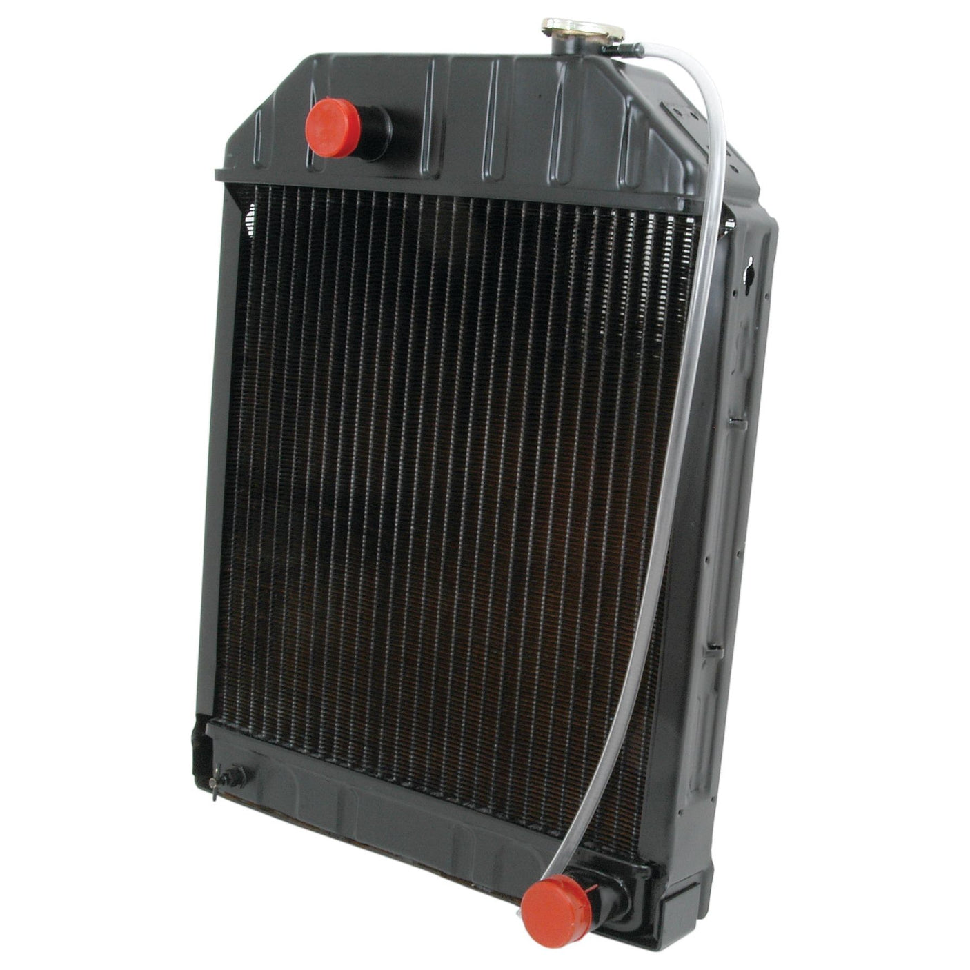 The Radiator - S.60681 by Sparex is a black radiator with metal fins, a cap on the top right corner, and two red inlet/outlet ports positioned at the top left and bottom right corners, connected by a white hose. Designed with a 3-row structure, it ensures optimal heat dissipation for your cooling needs.