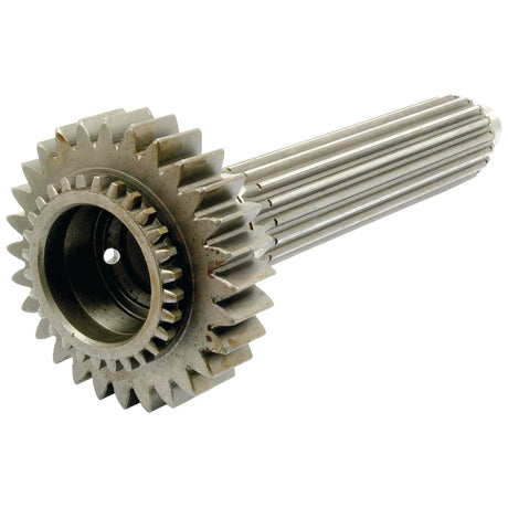 A close-up of the Main Shaft (Sparex Part No. S.60683), a metallic gear shaft with multiple teeth and grooves, used in machinery for transmitting rotational force, available from Sparex.