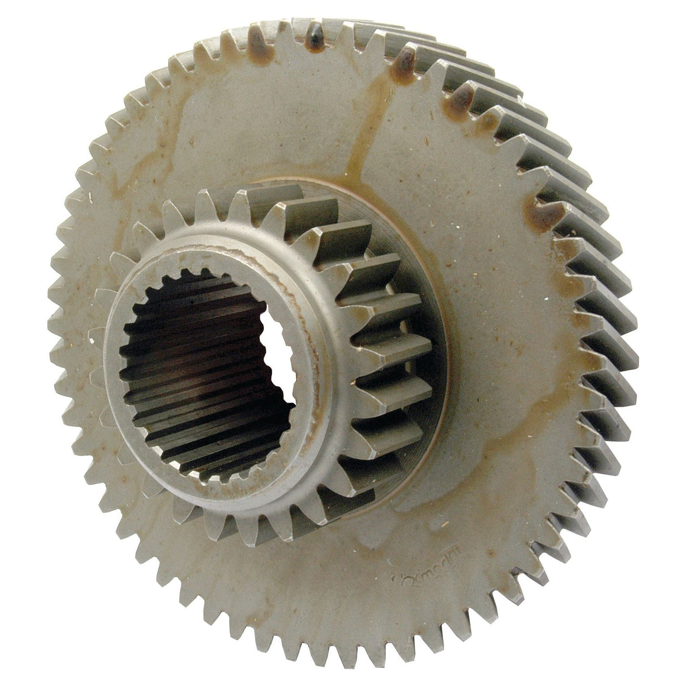 A close-up image of a metal gear with visible teeth and an inner spline design, identified as the Transmission Gear (Sparex Part No. S.60688) from the brand Sparex. The gear, suitable for Ford New Holland tractor parts, exhibits signs of lubrication and wear.