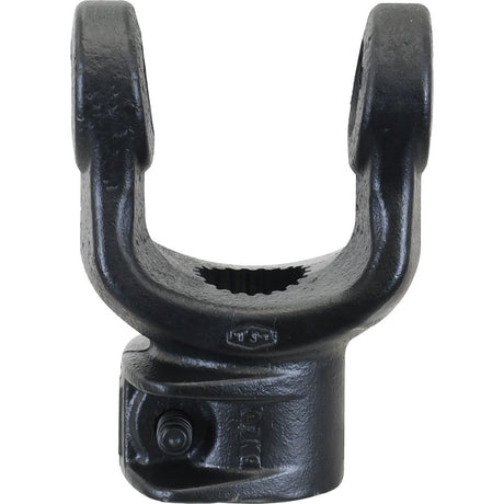 Close-up of a Sparex PTO Yoke - Quick Release featuring U-shaped arms and a splined hole in the center, likely used in mechanical or automotive applications. Commonly found in Massey Ferguson tractors, its universal joint dimensions (35 x 106.5mm) ensure compatibility across various PTO series components, with a size of 1 3/8''-21 Spline (Sparex Part No. S.6069).