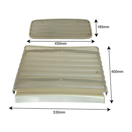 A perforated metal grille, identified as the Sparex Front Grille (Sparex Part No. S.60718) with dimensions of 530mm by 400mm, and a smaller perforated piece measuring 450mm by 185mm are displayed against a white background.