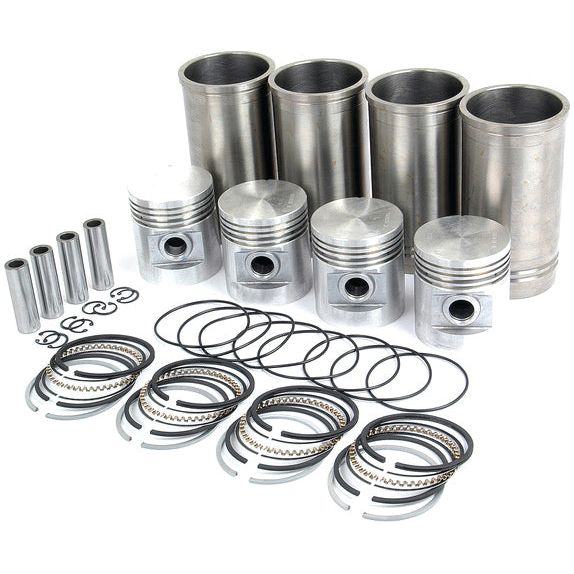 A Piston Ring and Liner Kit - S.60737 from Sparex, comprising metal engine components such as pistons, cylinders, rings, and other small parts arranged in a neat layout.
