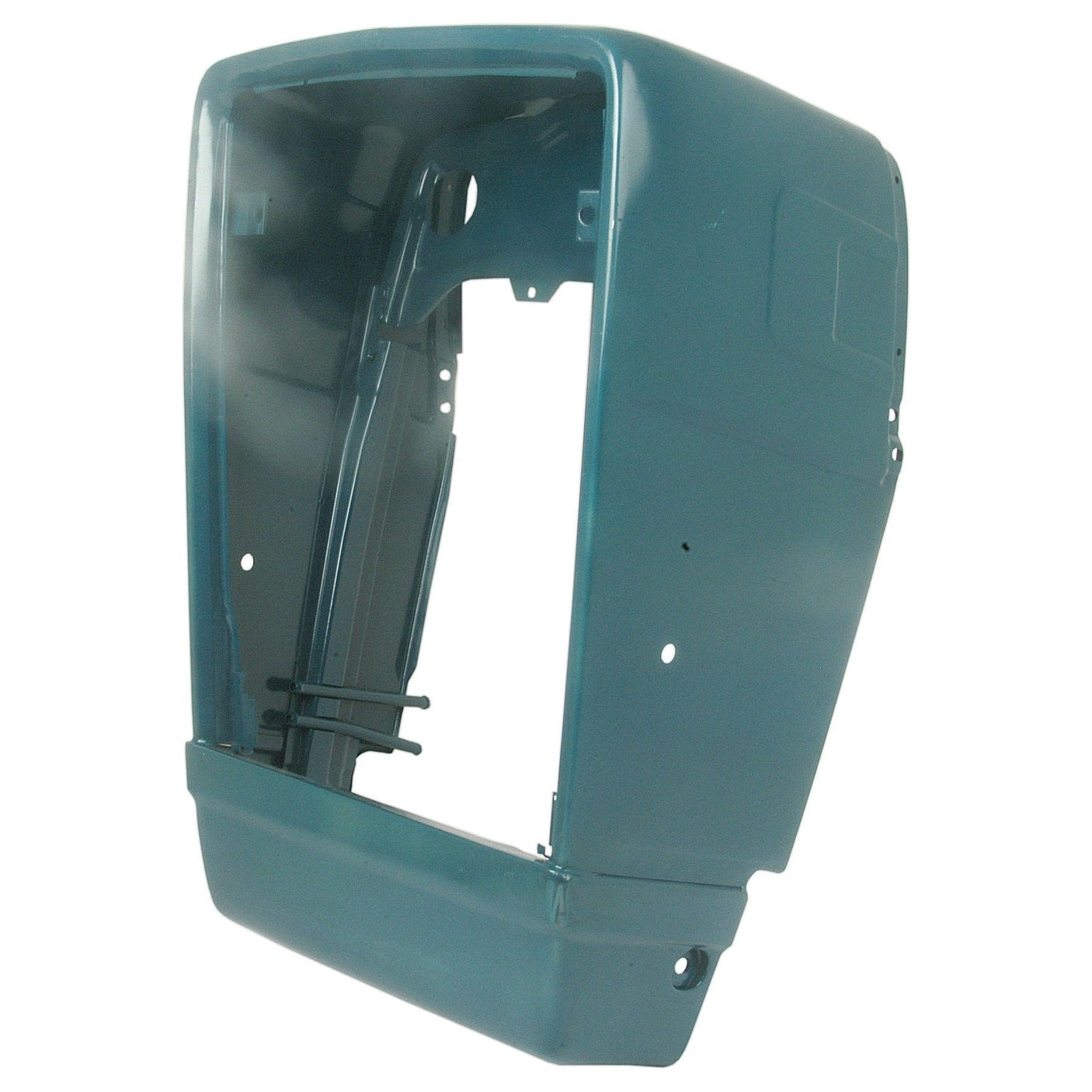 The Sparex Nose Cone (Part No. S.60740) comes in a metallic green color and is designed with an open front section and multiple mounting points, delivered primed for easier installation. This durable engine cover is suitable for Ford New Holland models, ensuring seamless compatibility.