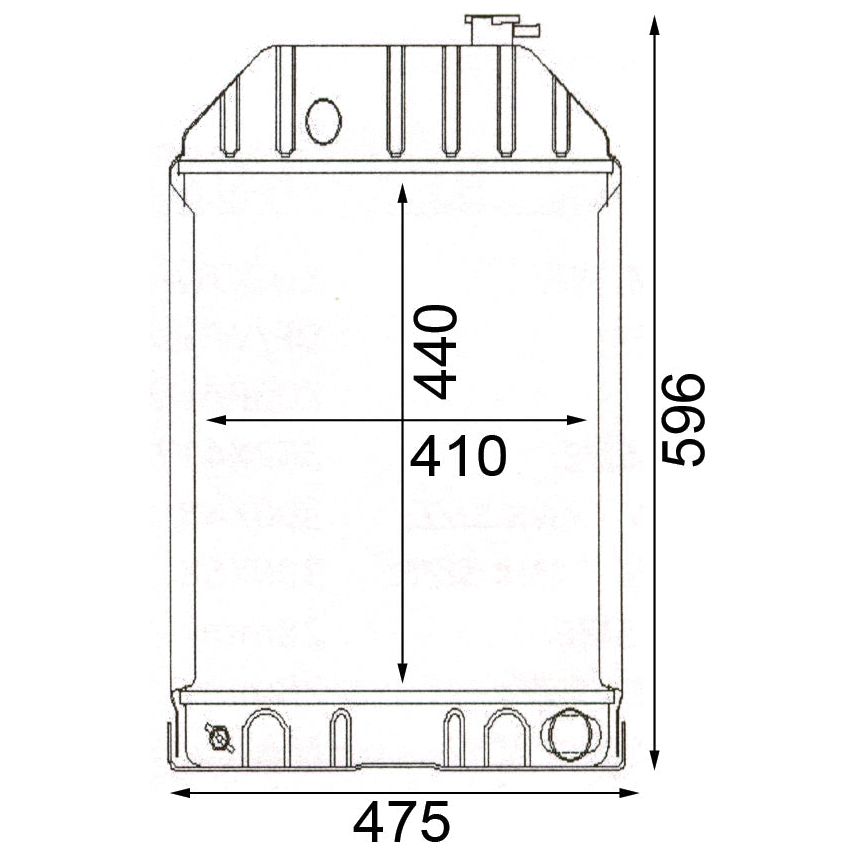 Diagram of a rectangular container with dimensions: height 596 mm, width 475 mm, inner measure 440 mm by 410 mm, suitable for housing the "Radiator - S.60746" from Sparex.