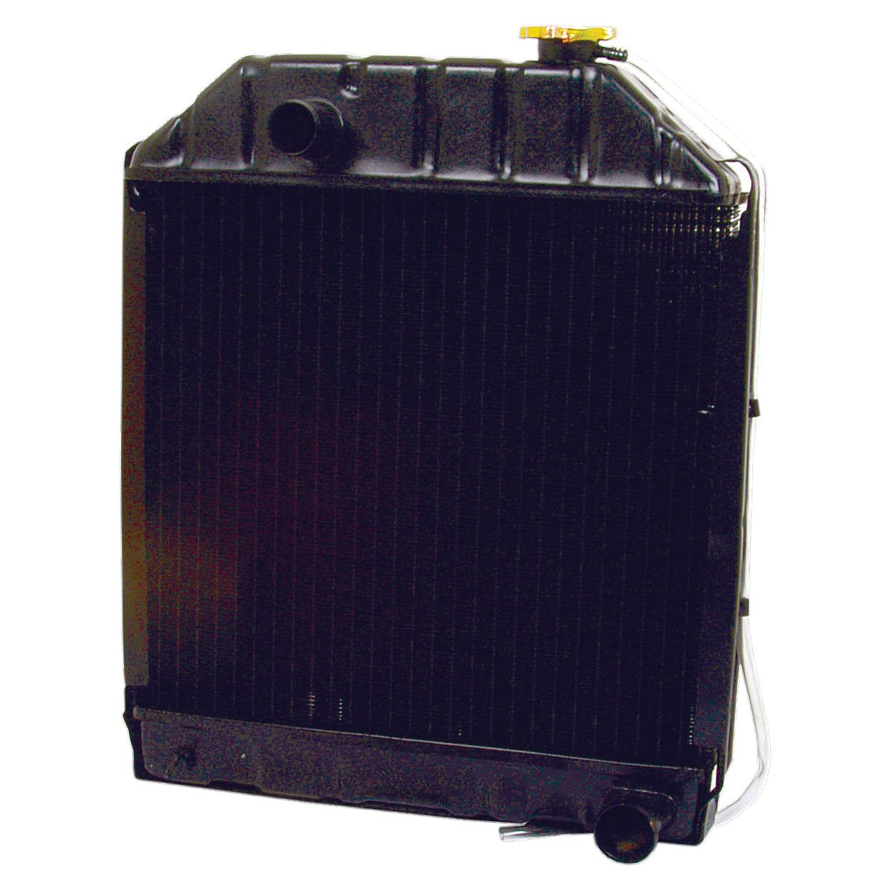 The Sparex Radiator - S.60746 is a black automotive radiator that includes one upper opening secured with a yellow cover and another opening at the bottom. Its textured surface, featuring vertical lines, ensures efficient heat dissipation for a superior cooling system.