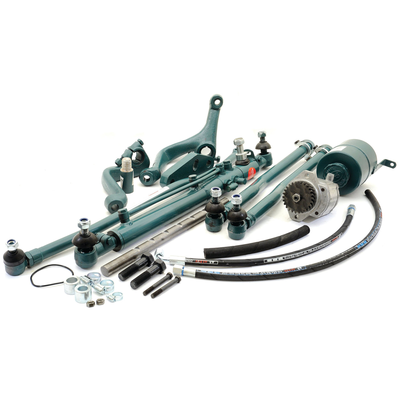 A collection of automotive parts, including rods, bolts, brackets, hoses, and a small motor—all laid out on a white surface—features components perfect for a Sparex Power Steering Conversion Kit (Sparex Part No. S.60747) designed for Ford / New Holland 2000 models with double arm type steering box.