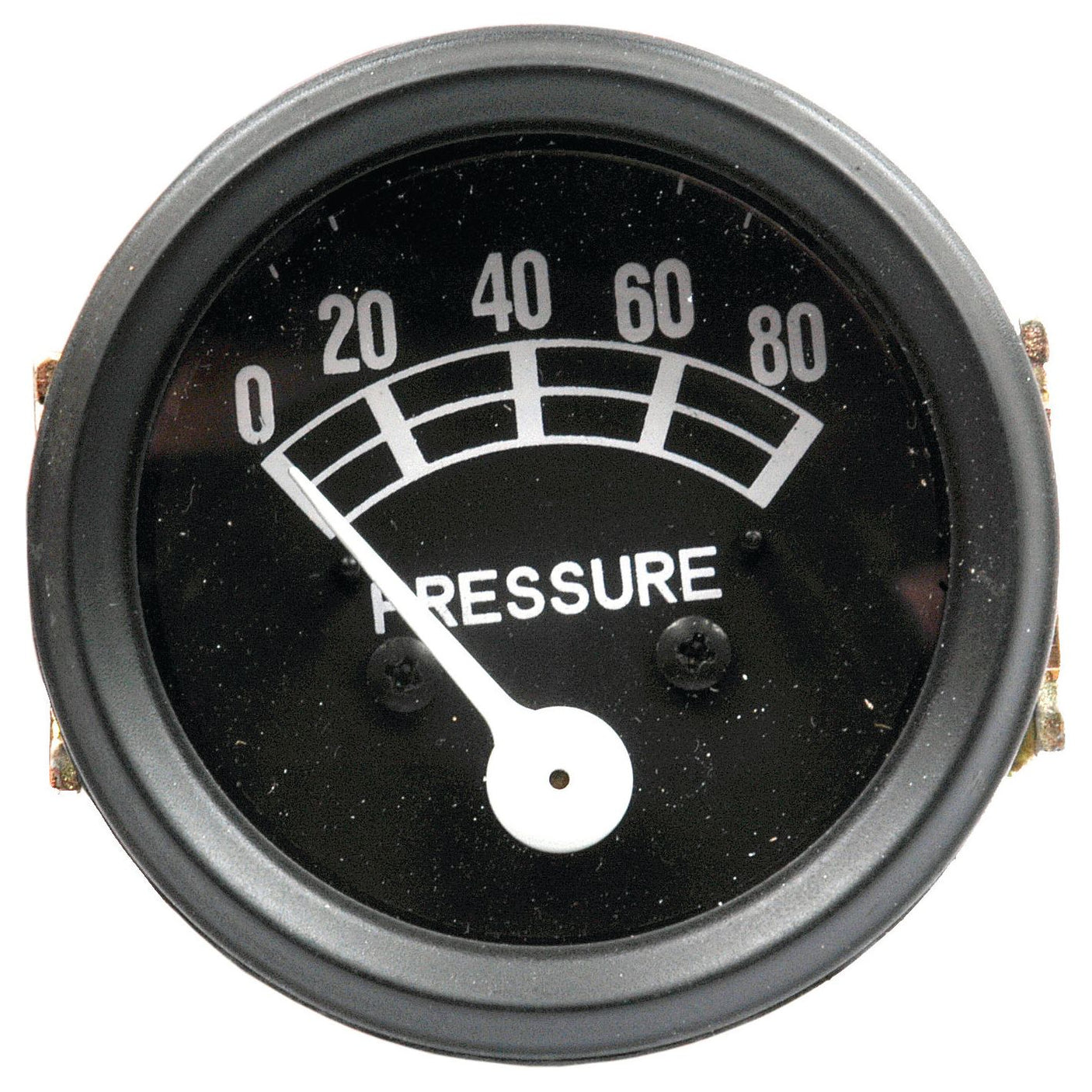 A black Oil Pressure Gauge, Sparex Part No.S.60758, features a white needle pointing to approximately 10 on a scale of 0 to 80. The word "PRESSURE" is prominently displayed in the center, echoing the vintage gauges typically found in classic 4-cylinder types from 1953 to 1964, and often associated with Sparex collections.