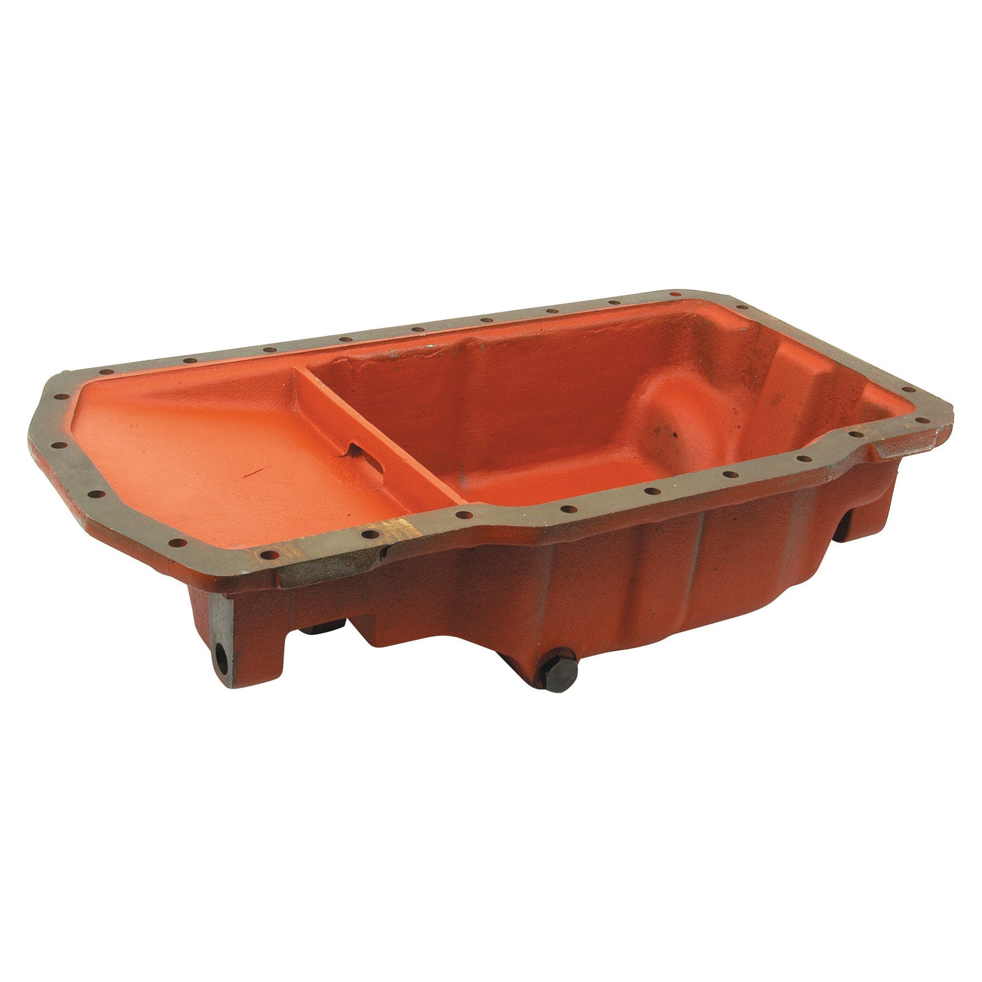 An Oil Sump, Sparex Part No. S.60762, made of orange metal with a rectangular shape, a dividing wall, and multiple bolt holes along the top edge, designed to resemble the Ford New Holland oil sump.