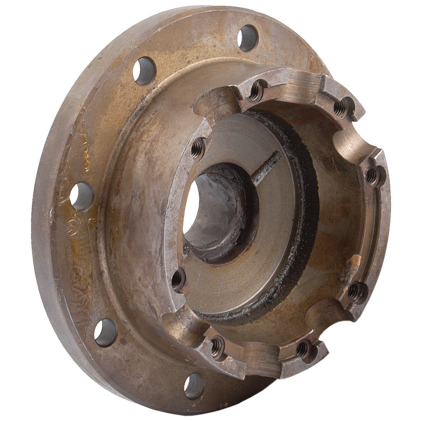 Close-up of a rusted metal flange with multiple bolt holes and a central cavity, reminiscent of the Sparex Differential Housing (Part No. S.60776). The surface shows signs of wear and corrosion, much like the aged components found in vintage John Deere machinery.