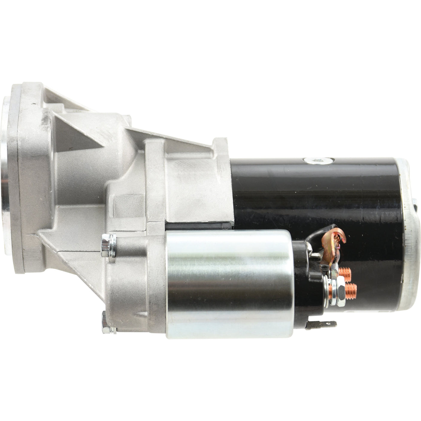 A side view of the Starter Motor - 12V, 1.2Kw, Gear Reducted (Sparex) with a silver and black casing highlights its efficient design.