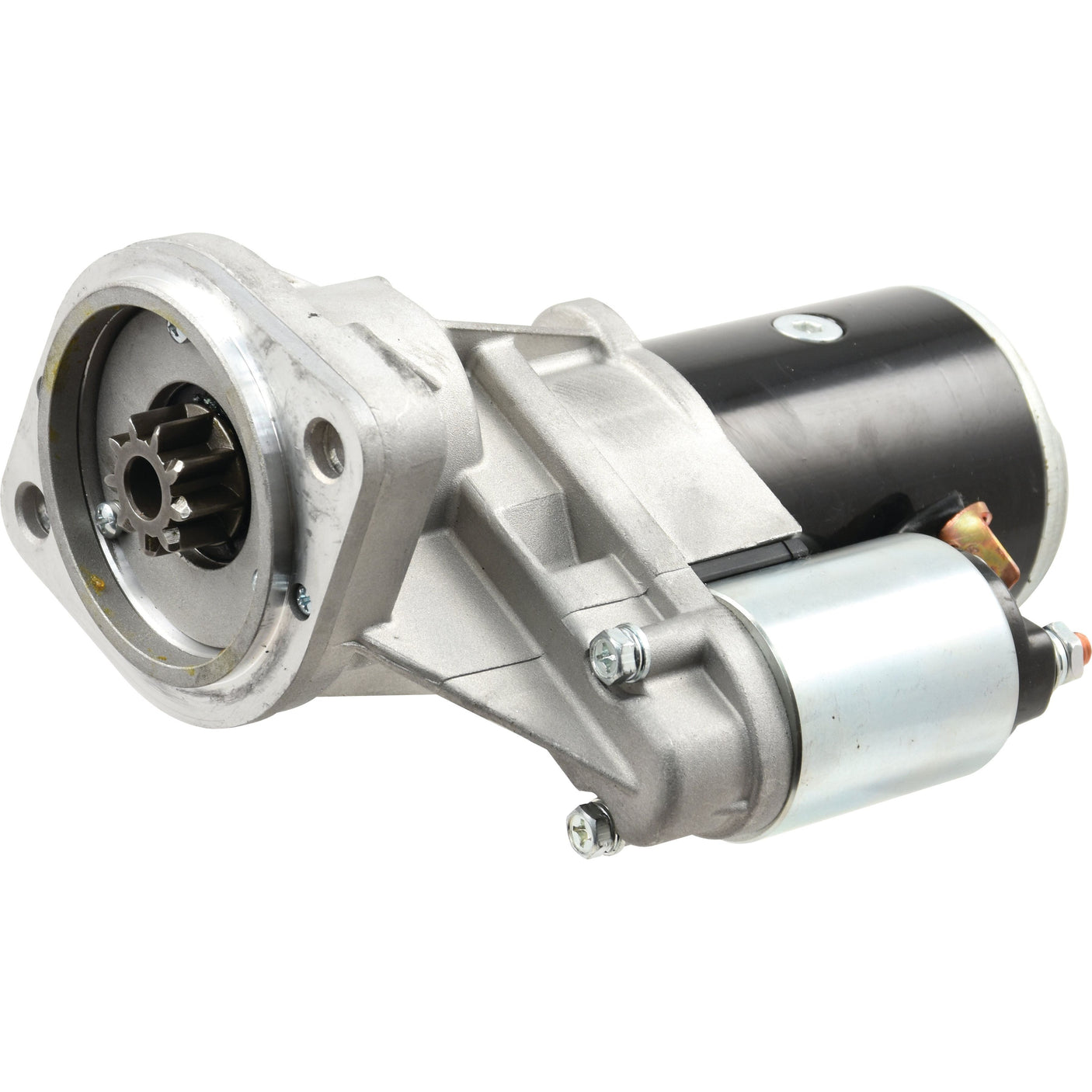 The Sparex Starter Motor - 12V, 1.2Kw, Gear Reducted (Sparex Part No.S.60783) features a metallic cylindrical black and silver body with a gear-reduced mechanism at the end and attached electrical connections.