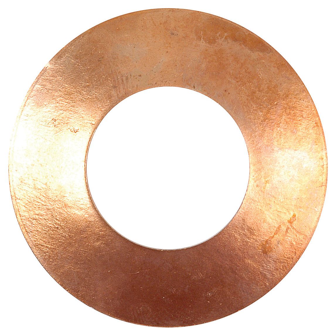 A flat, circular differential housing washer made of copper, featuring a large central hole and signs of wear such as scuffs and uneven coloration. This John Deere-compatible part ensures reliable function and is available as the Sparex Differential Housing Washer (Part No. S.60789).