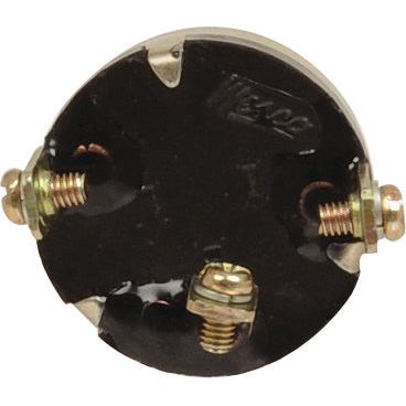 A close-up of the Sparex Ignition Switch (Sparex Part No.S.60820) shows the electrical terminal block with three metal screws used for connecting wires. This unit, resembling components commonly found in Massey Ferguson machinery, is composed of a dark material and features robust metal screws for secure connections.