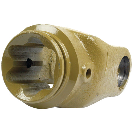 Close-up of a metallic PTO Tube Yoke with a cylindrical shape and a honey-colored finish, reminiscent of an AW36/W2500 coating. It features a hollow interior with grooved edges, similar to universal joint dimensions. This Sparex part (No. S.6085) measures 61 x 47 x 4.5mm and has a star profile fitting the U/J size of 36 x 89mm, ref: S5.