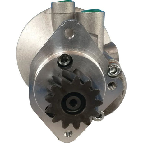 Close-up image of a mechanical component featuring a visible gear system and metal housing with three bolts, displaying the precision found in the Sparex Power Steering Hydraulic Pump (Sparex Part No. S.60861).