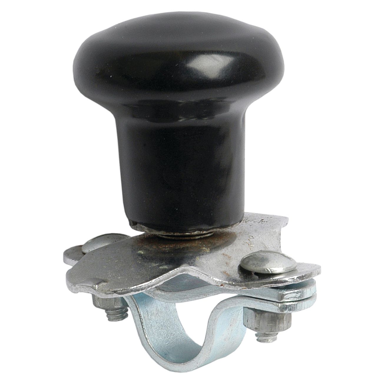 Image of a black Sparex Wheel Spinner S.60918 with a universal fitting, featuring a vinyl-covered aluminum bracket and bolts for attachment.