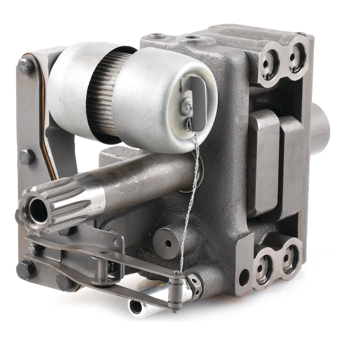 Close-up of the Hydraulic Pump, Sparex Part No.S.60950, by Sparex, showcasing a metal housing, cylindrical elements, and moving parts interconnected by a wire, resembling the intricate design of a hydraulic pump.