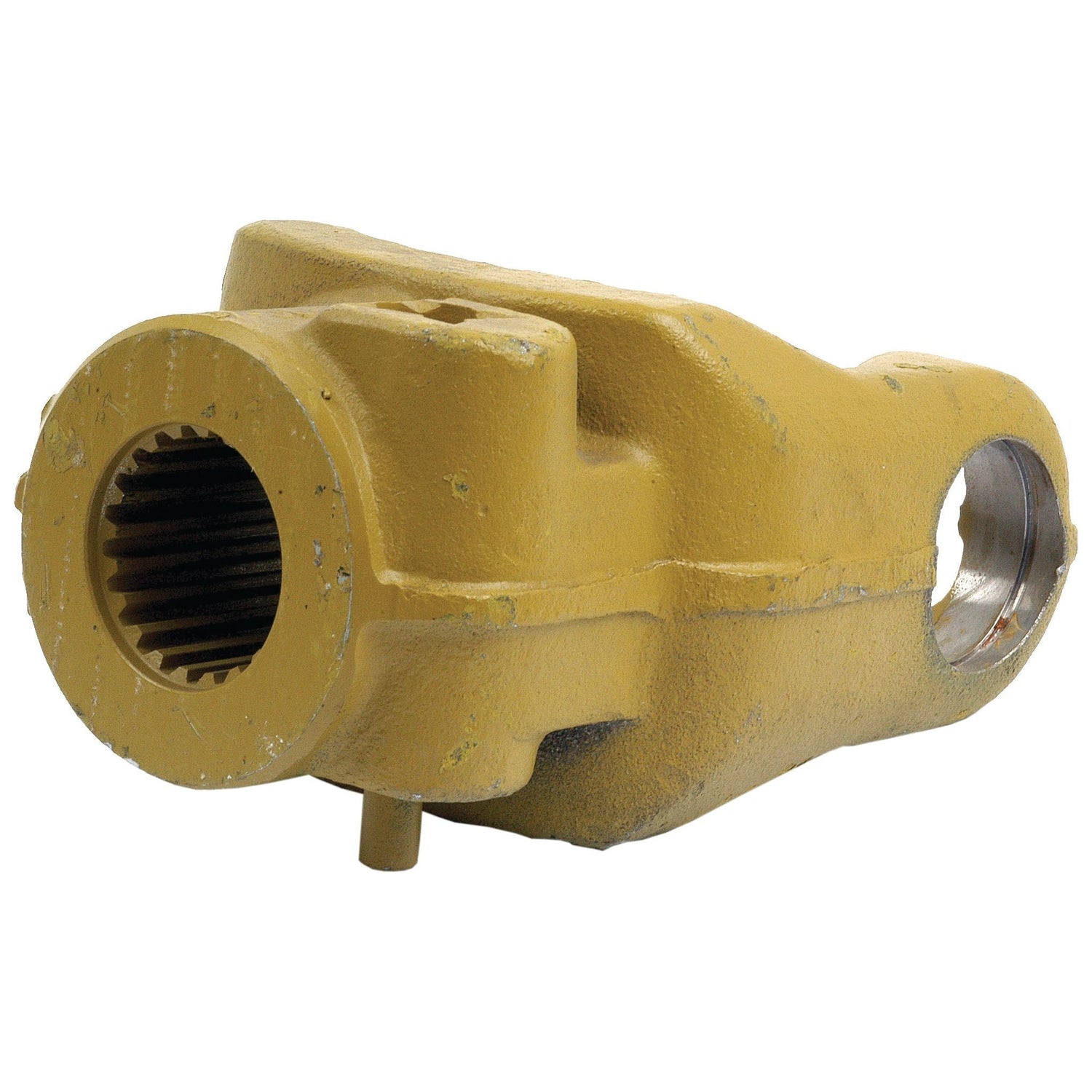 The Sparex PTO Yoke - Quick Release (U/J Size: 35 x 94mm, Size: 1 3/8''-21 Spline) part number S.6099 is a yellow metal mechanical component featuring a cylindrical, gear-like opening on one end and a smaller circular hole on the side, commonly used in PTO Series systems.