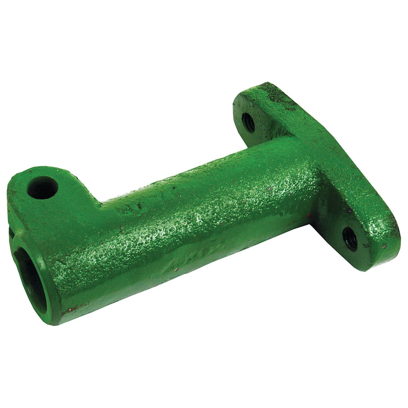 A green metal bracket with two mounting holes on a planar extension and one cylindrical hole at the opposite end, designed to fit a Sparex Hydraulic Pump Shaft (Sparex Part No. S.61005) for John Deere equipment.