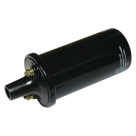 A black, cylindrical ignition coil, displayed against a plain white background. Designed for Ford/New Holland vehicles, it features two electrical terminals and a central high-voltage output terminal, operating at 12V. This reliable component is the Ignition Coil 12V | Sparex Part No.S.61016 from Sparex, perfect for your machinery needs.