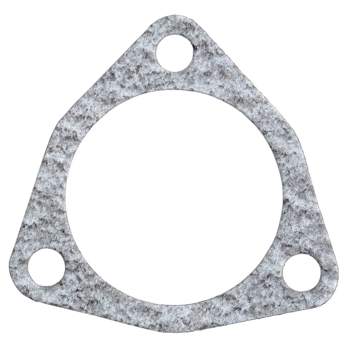 The Wheel Hub Gasket (Sparex Part No. S.61023) from Sparex is a triangular metallic gasket compatible with John Deere models, featuring one large central hole and two smaller holes at the corners, making it ideal for use as a wheel hub gasket.