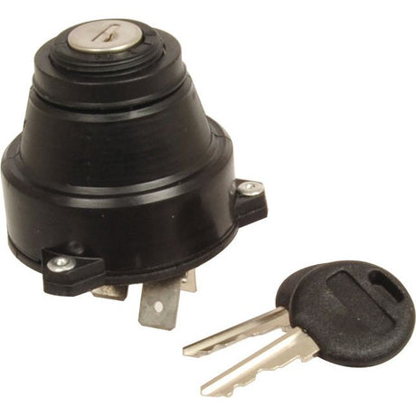 The Ignition Switch (Sparex Part No. S.61024) by Sparex is presented in black with an attached locking mechanism and four terminals, accompanied by two metal keys with black plastic grips featuring twin connector blades. It's a trusted component among John Deere parts.