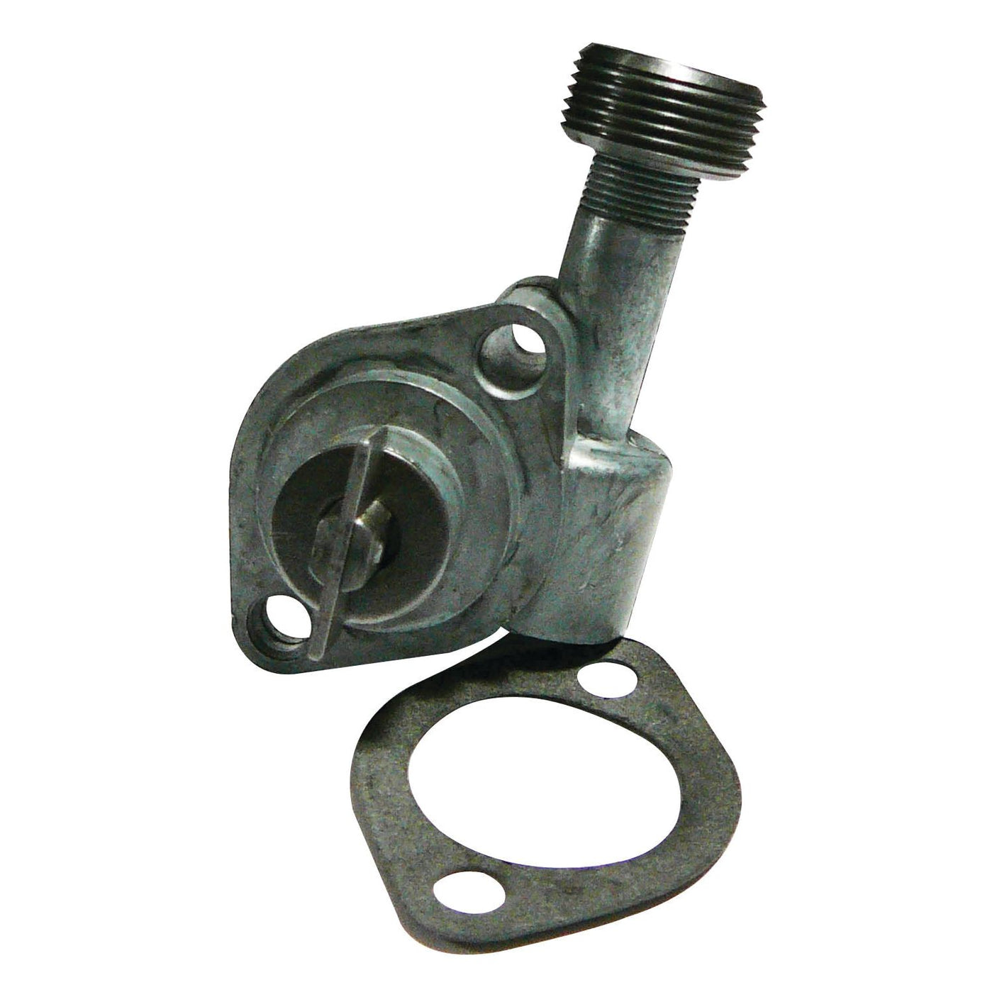 The Tractormeter Drive Unit, Sparex Part No.S.61054, is a metal automotive part featuring an attached gasket and threaded pipe. This component is commonly used in Massey Ferguson machinery and is typically part of an engine or fluid system.