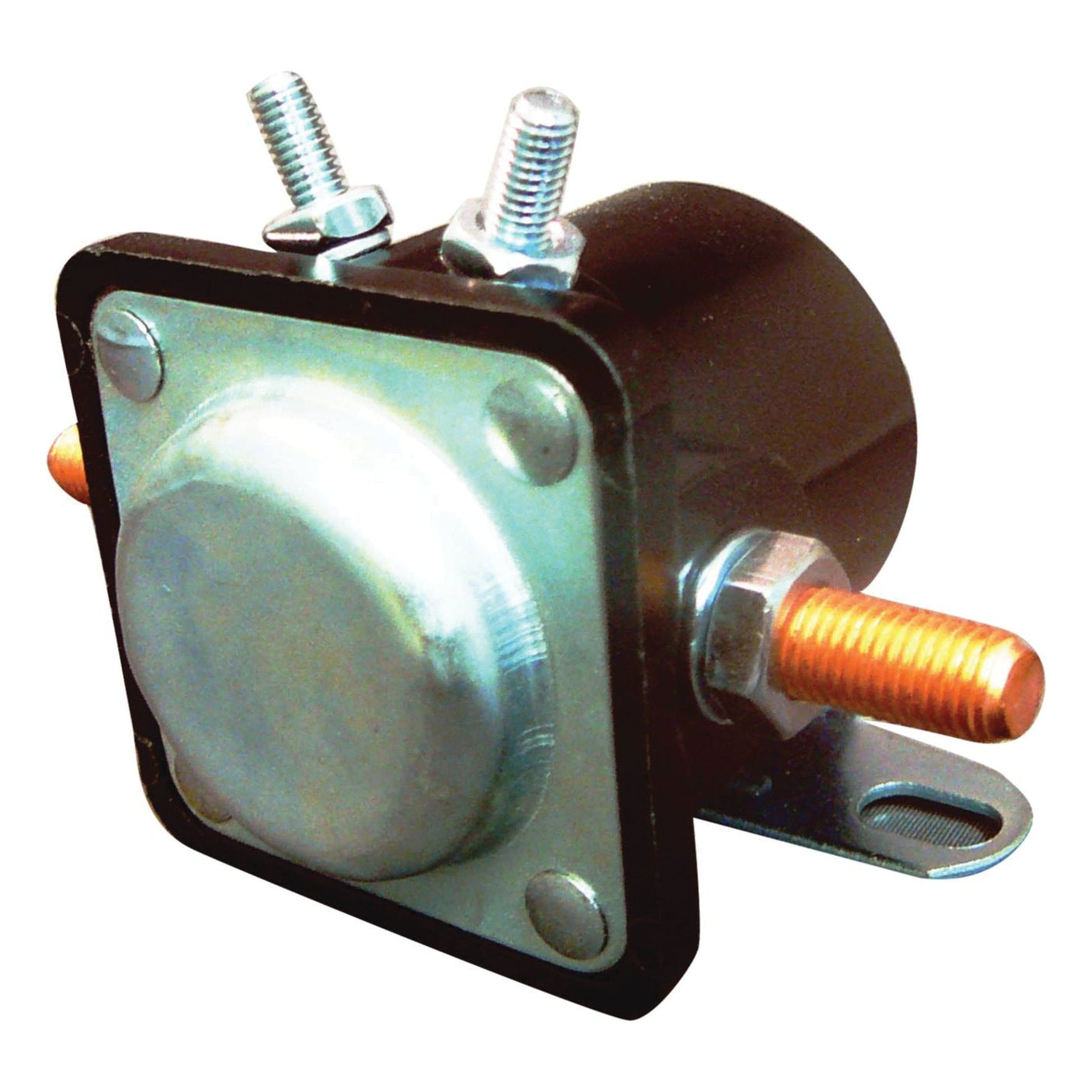 The Sparex Solenoid (Sparex Part No. S.61057) is a 6 VOLT metal automotive relay featuring two threaded terminals, mounted on a black plastic housing, and equipped with a mounting bracket that includes a hole for secure attachment.