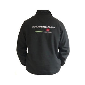 Person wearing a black JMCE Regatta Professional Softshell Jacket - UC612 with a water repellent finish, featuring the website "www.farmingparts.com" and logos for Fendt and Massey Ferguson on the back.