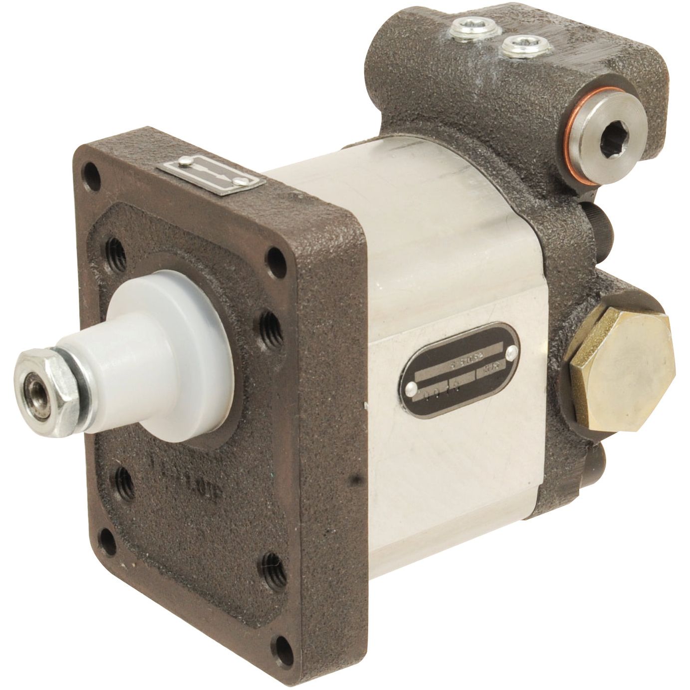 The Sparex Single Hydraulic Pump - S.61062 features a silver and dark grey body with a protruding white shaft along with various bolts and connectors, and it operates at a maximum speed of 3000 rpm.