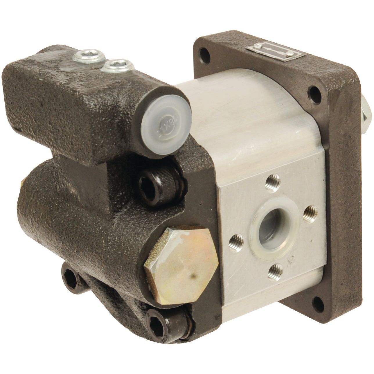 The Sparex Single Hydraulic Pump - S.61062, featuring a metal casing and multiple ports, includes a hexagonal bolt, several screws, and a mounting bracket. This pump boasts a maximum speed of 3000 rpm.