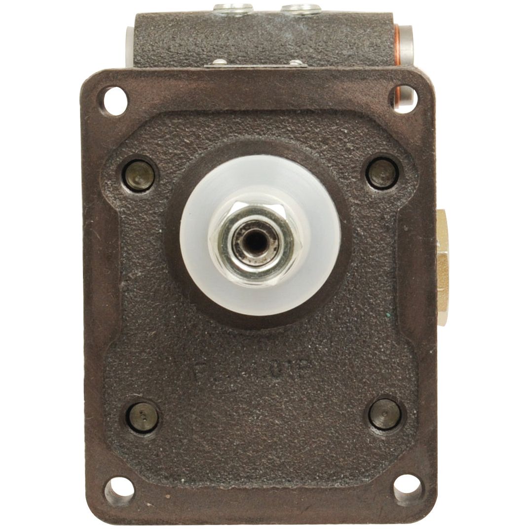 Close-up of a Sparex Single Hydraulic Pump - S.61062 electrical component, featuring a circular metal element at the center mounted on a rectangular, dark-colored base, with bolts and connection points visible. The component is designed for pump type: Single Pump, ensuring maximum efficiency at speeds up to 3000 rpm.