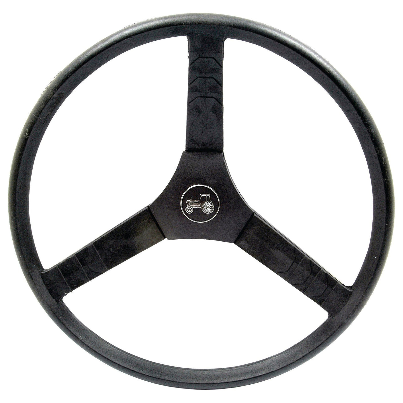 A black, three-spoke steering wheel with a graphic of a tractor in the center, featuring the Sparex Fine Spline design, called Steering Wheel 430mm (Sparex Part No.S.61109).