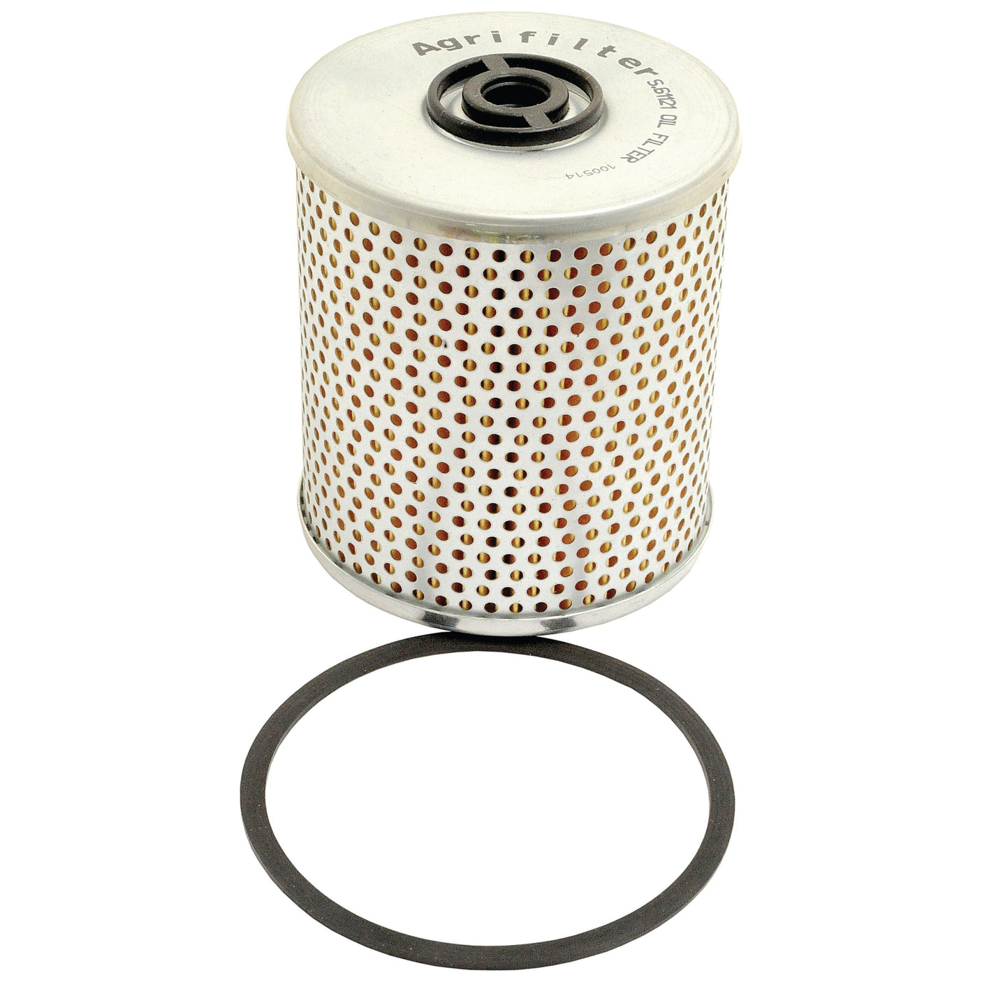 An Oil Filter - Element (Sparex Part No.S.61121) in a cylindrical metal design with perforated holes, accompanied by a black rubber gasket lying flat in front of it. The filter has "Sparex Agrifilter" text printed on the top, making it ideal for Ford New Holland tractors.