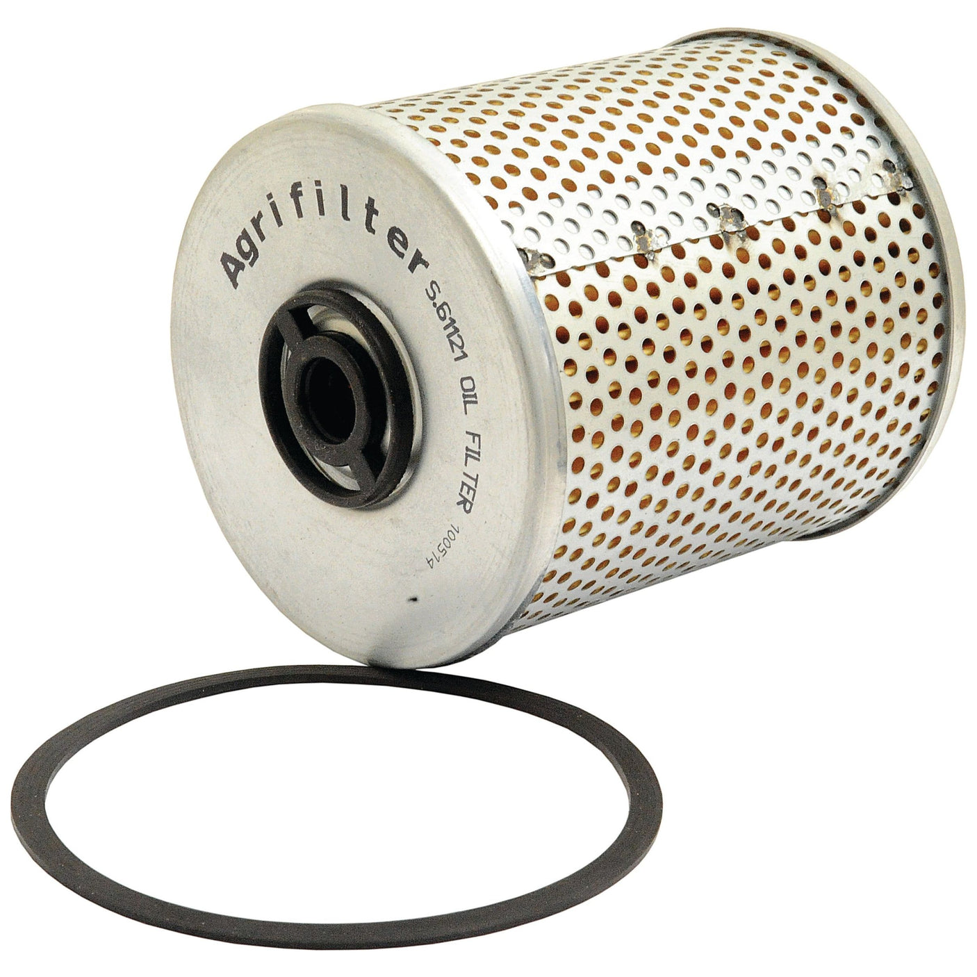 A cylindrical oil filter labeled "Oil Filter - Element | Sparex Part No.S.61121" with a perforated metal housing and a black rubber gasket ring placed next to it, ideal for Ford New Holland models.