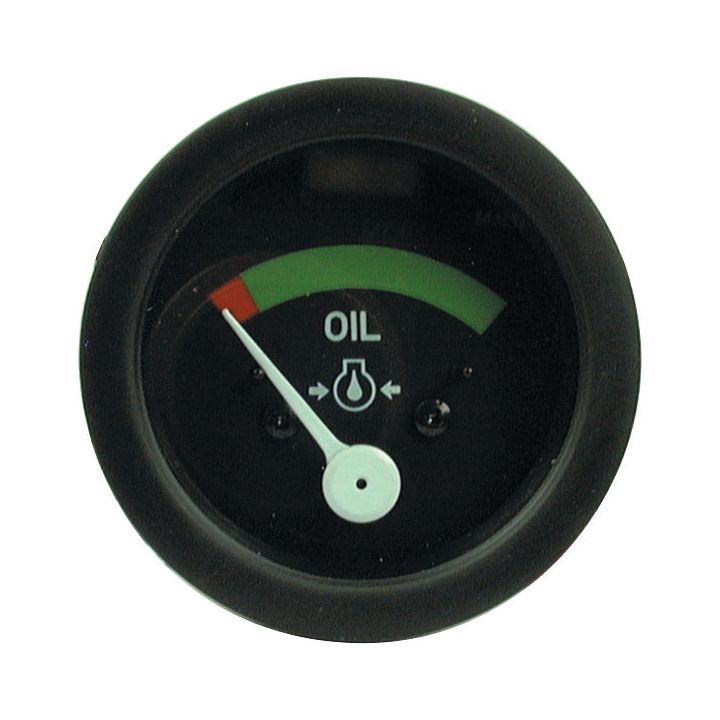 A Sparex Oil Pressure Gauge (Sparex Part No. S.61171), designed for all 4-cylinder types from 1953 to 1964, features a circular design with a black frame and a needle pointing to the red zone, indicating low oil levels. This gauge, suitable for Ford/New Holland models from those years, includes markings in both green and red zones with the word "OIL" prominently displayed at the center.