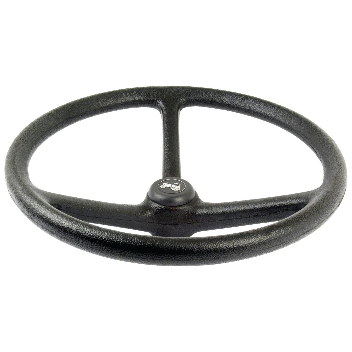 A black, three-spoke Steering Wheel 425mm, Splined by Sparex (Sparex Part No. S.61173) with a central hub bearing the John Deere logo.