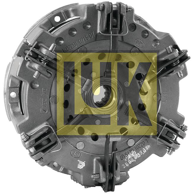 The Clutch Cover Assembly - S.61233, a product by Sparex, is a circular metallic automotive part featuring the LUK logo prominently in the center. It has holes and clamps around its outer edge and includes a cerametallic captive disc for enhanced durability.