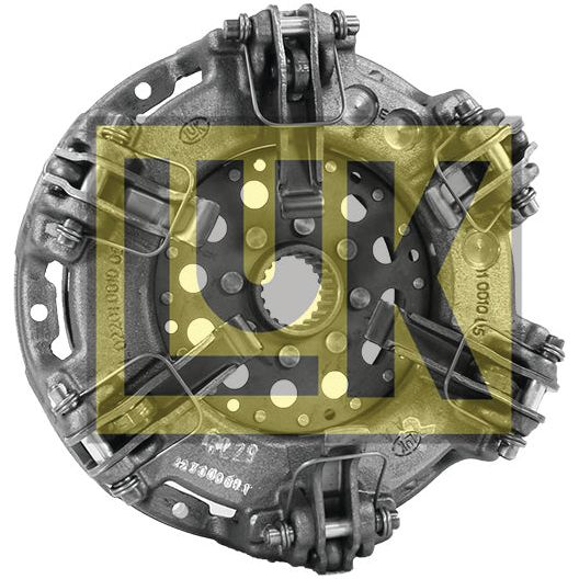 Close-up of a metallic clutch assembly, specifically the Clutch Cover Assembly - S.61242 by Sparex, featuring a Dual Cover design with a UK logo superimposed over it.