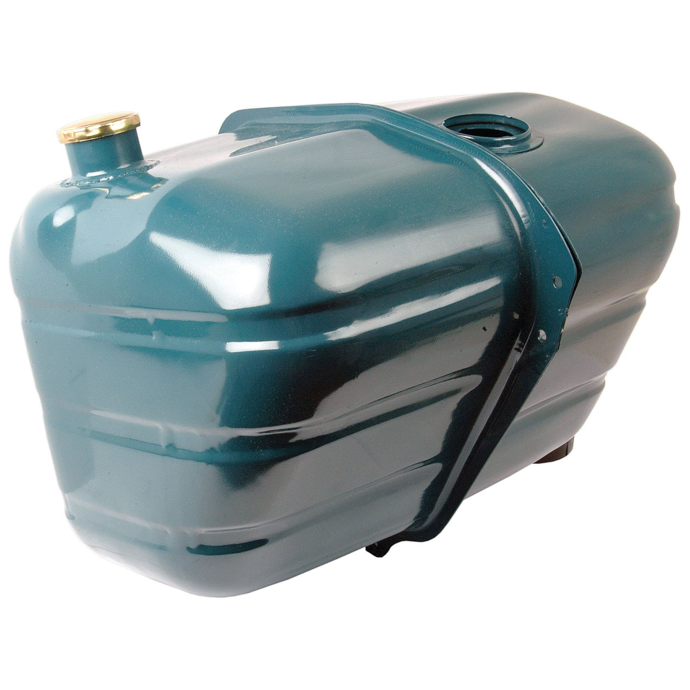 A Sparex Fuel Tank (Part No. S.61300) made of teal-colored metal, compatible with Ford tractors, featuring a golden cap on one end and an oval-shaped opening on the side.