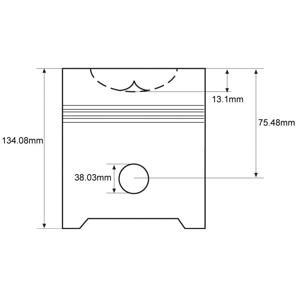 Technical drawing of the Piston (Standard) - S.61307 by Sparex with dimensions noted. The height is 134.08 mm, the width is 75.48 mm, and other measurements include 13.1 mm and 38.03 mm in specific areas for Bore Ø and Piston Length details.
