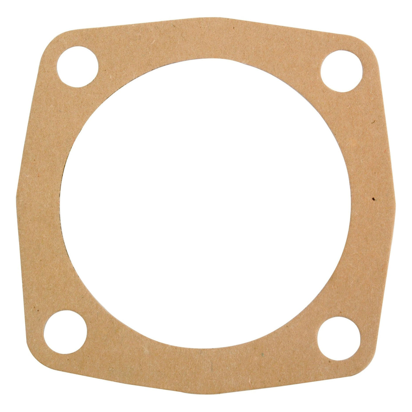 The PTO Gasket | Sparex Part No.S.61322 by Sparex is a flat, square-shaped gasket featuring a circular center cutout and four evenly spaced round bolt holes in the corners. Made from a thin, brown material, it is ideal for PTO shafts on Massey Ferguson and Ford New Holland equipment.