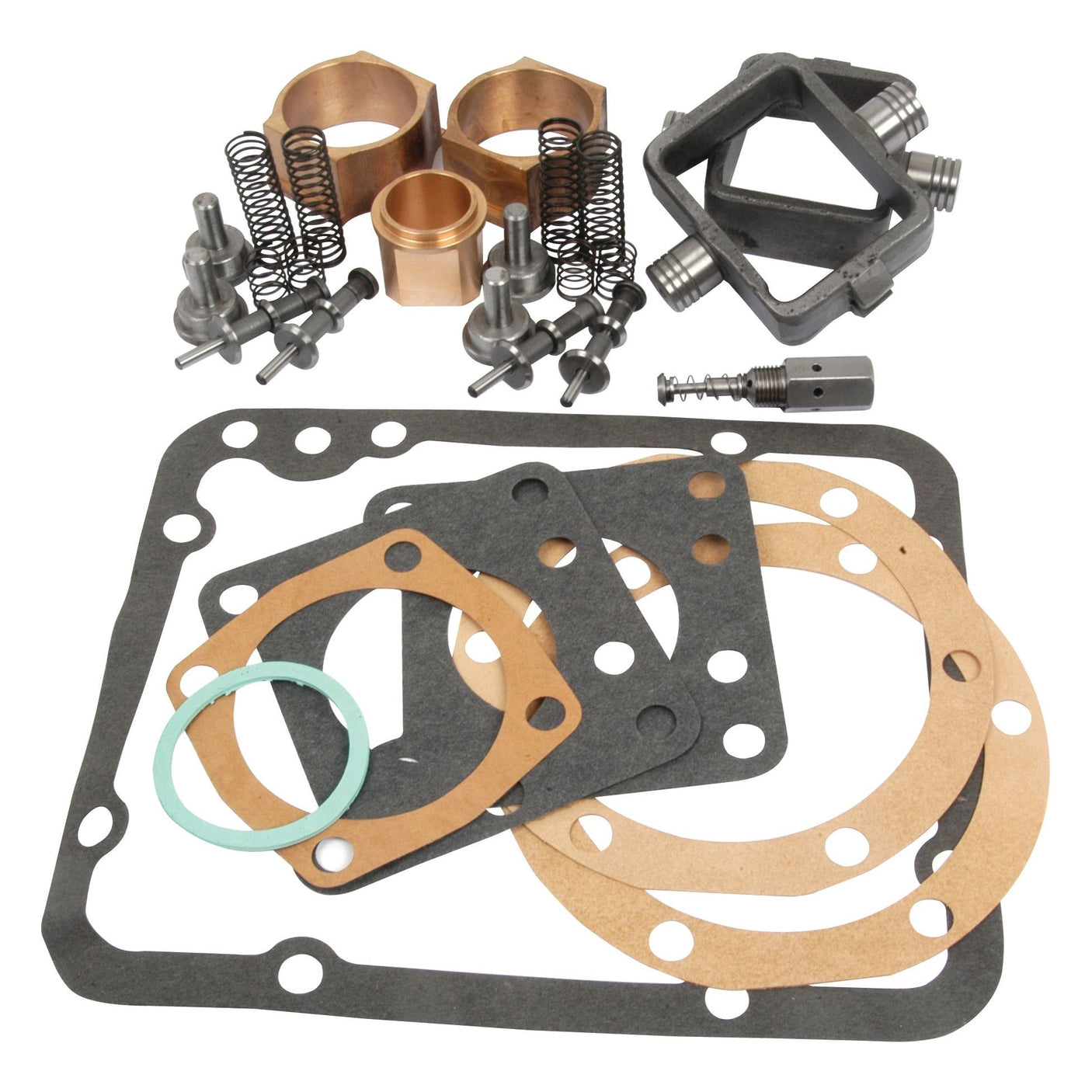 A collection of gaskets, seals, springs, metal fittings, and a small valve assembly arranged on a white background as part of the comprehensive Hydraulic Pump Repair Kit by Sparex (Part No. S.61325).