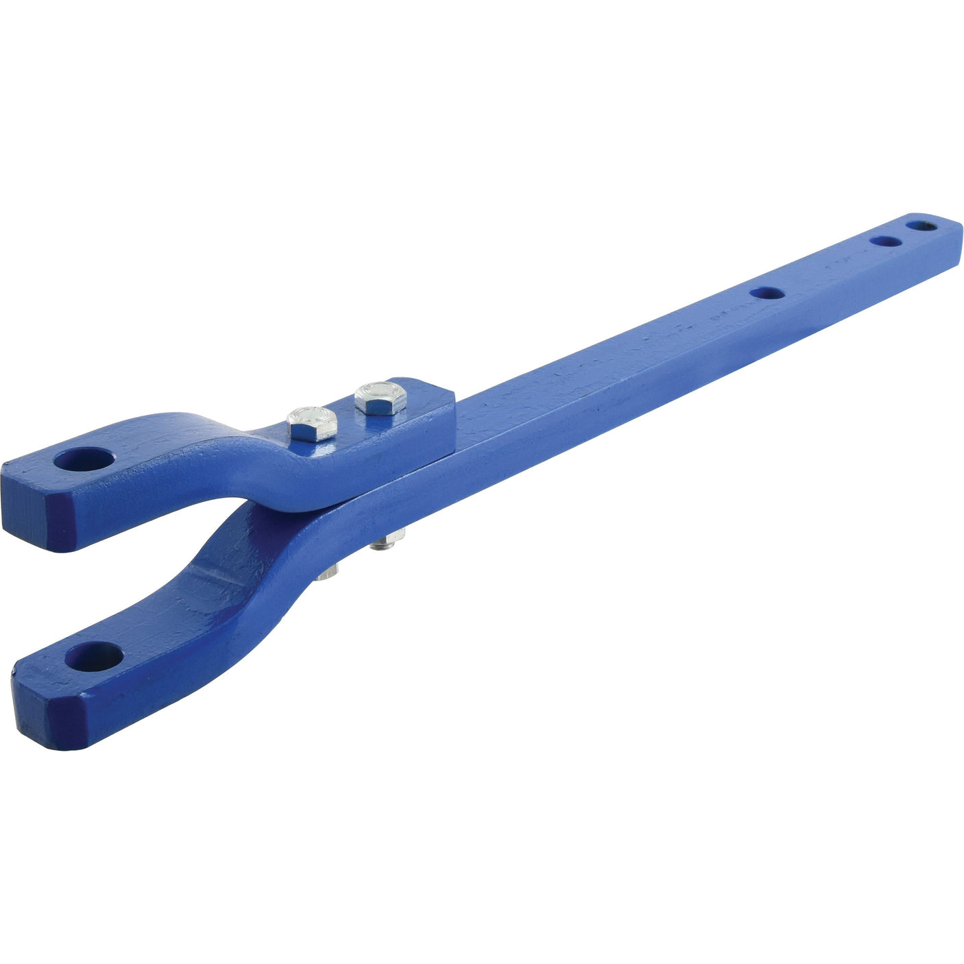 A blue metal Swinging Drawbar with a Clevis, measuring 830mm in overall length and featuring a section of 30x49mm, equipped with two bolted joints, three additional holes along its length, and compatible with Ford / New Holland machinery. This product is manufactured by Sparex under part number S.61333.