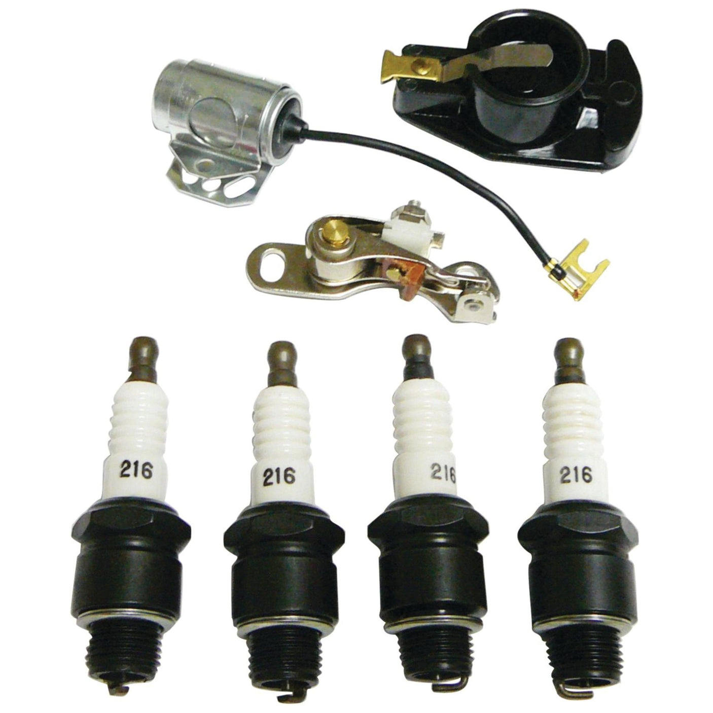 The Ignition Kit (Sparex Part No. S.61354) from Sparex, compatible with Ford / New Holland, includes four spark plugs, a distributor cap, a rotor, and points on a white background.