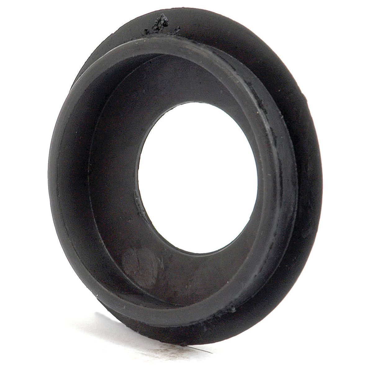 The Grommet (Sparex Part No. S.61386) by Sparex is a circular black rubber component with a central hole, designed to protect or insulate wires or cables as they pass through panels. Commonly featured in Ford/New Holland vehicles, it can also be used around the steering column for additional protection.