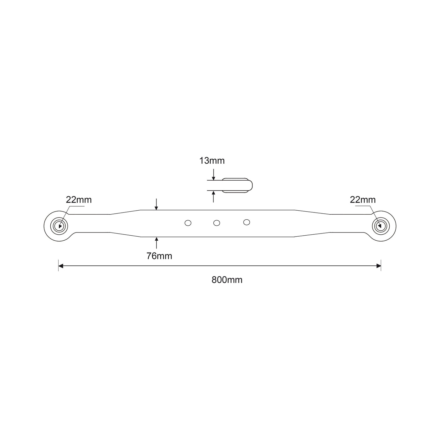 Technical drawing of the Lower Link Lift Arm (Sparex Part No. S.61415) featuring specific measurements: 800mm length, 22mm diameter endpoints, 76mm spacing between endpoints, 13mm width at the center, and additional mounting holes. Gloss finish for a sleek look. Designed to ensure compatibility with Ford/New Holland machinery.