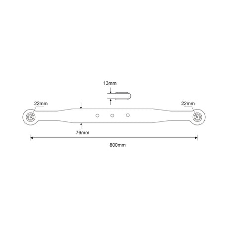 Technical drawing of the Lower Link Lift Arm (Sparex Part No. S.61415) featuring specific measurements: 800mm length, 22mm diameter endpoints, 76mm spacing between endpoints, 13mm width at the center, and additional mounting holes. Gloss finish for a sleek look. Designed to ensure compatibility with Ford/New Holland machinery.