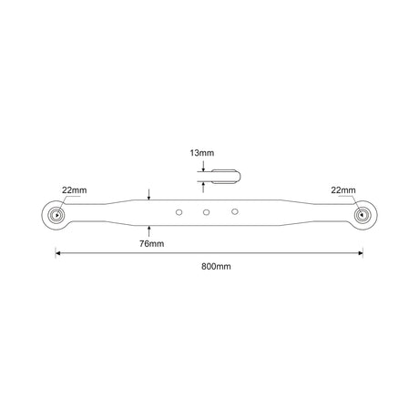 Technical drawing of a Lower Link Lift Arm - Ball Ø 22mm with measurements: 800mm length, 76mm between the two middle holes, 13mm width at the middle, and 22mm width at both ends. Suitable for Ford / New Holland applications. Sparex Part No.S.61416